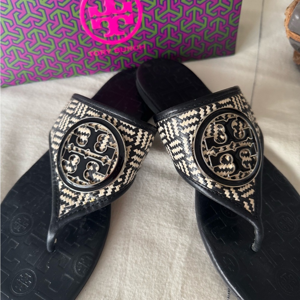 Tory Burch Black and  White RAFFA Patterned Sandals